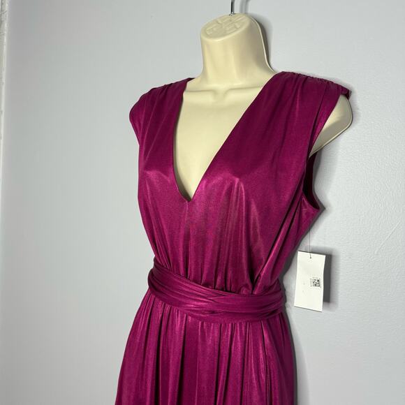 Dress The Population Krista Plunge Neck Side Slit Gown Dress Maxi Prom Magenta L - Picture 6 of 12
